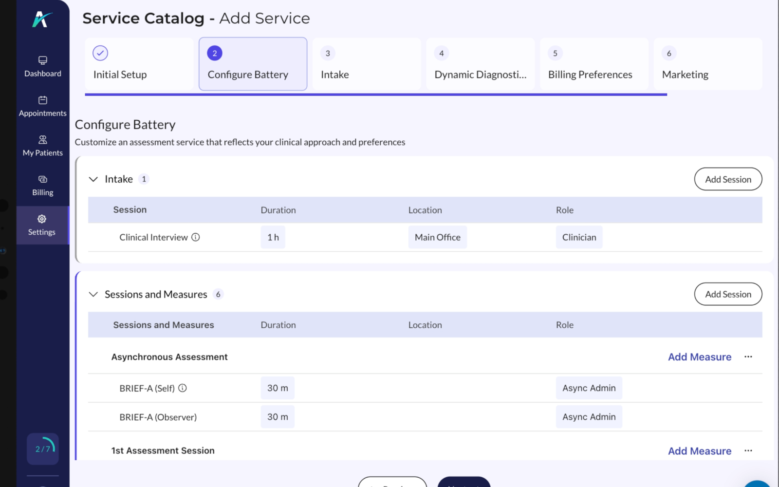 Configuring an assessment battery: intake session, asynchronous measures and assessment sessions with duration and role