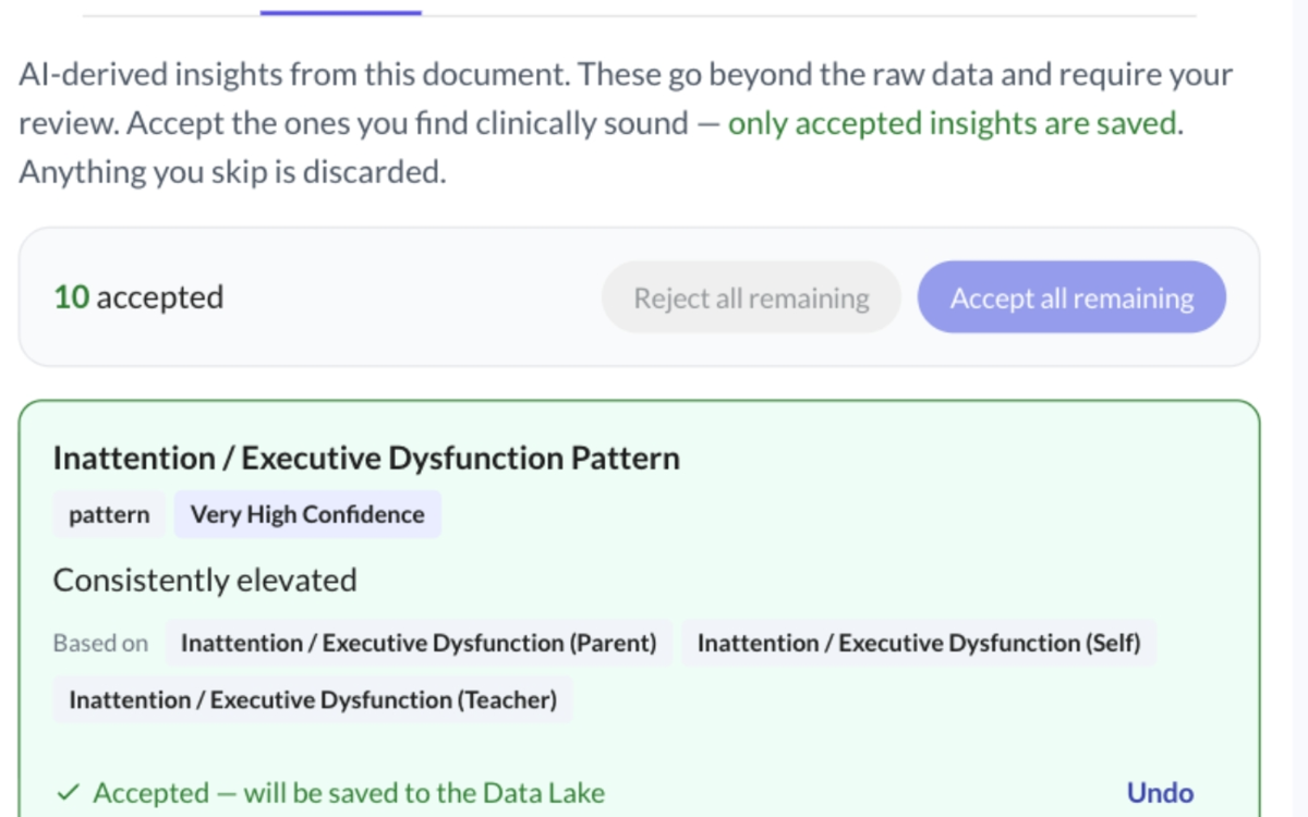 AI-derived insights proposed for review - each naming the informants it was based on, accepted or discarded, with only accepted insights saved