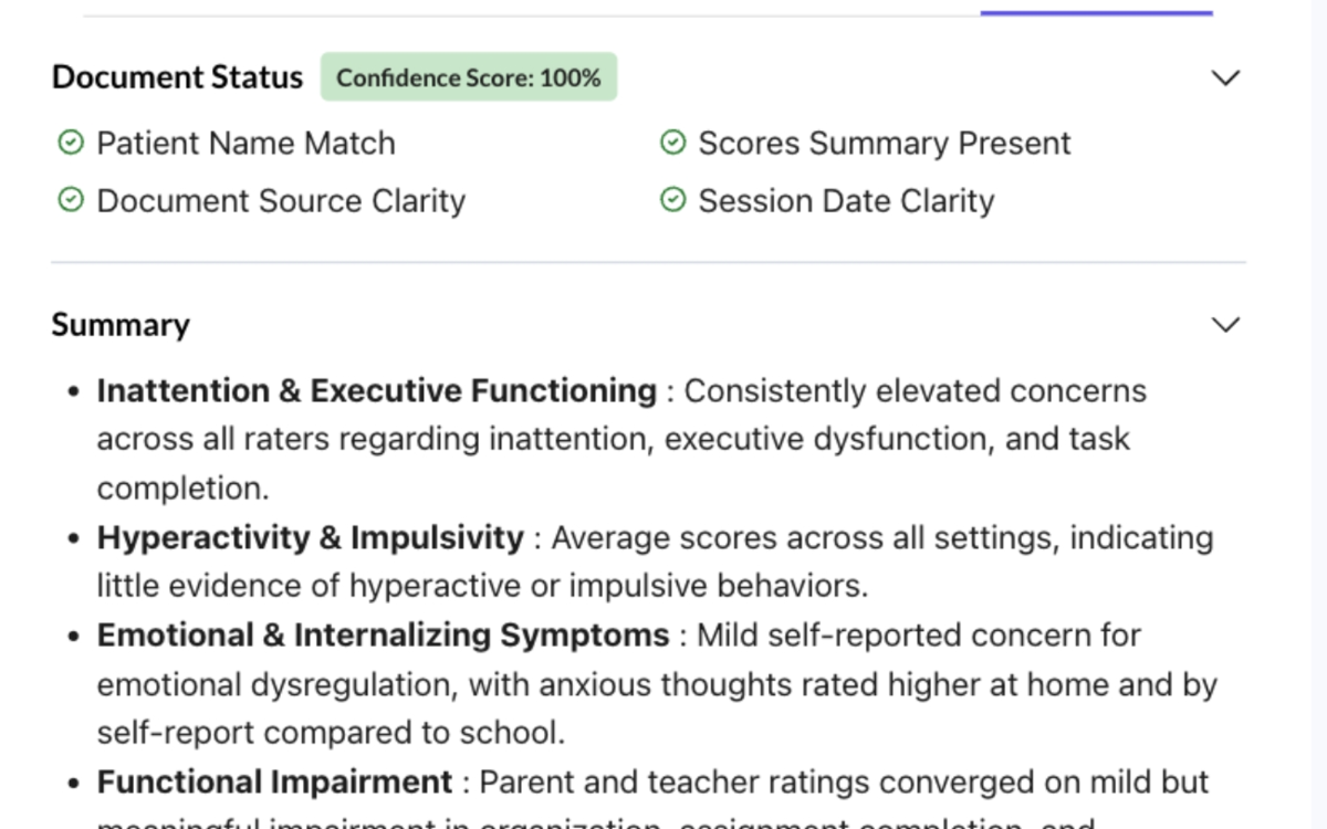 The check on upload: a confidence score with patient name match, document source clarity, scores summary present and session date clarity, above the extracted summary