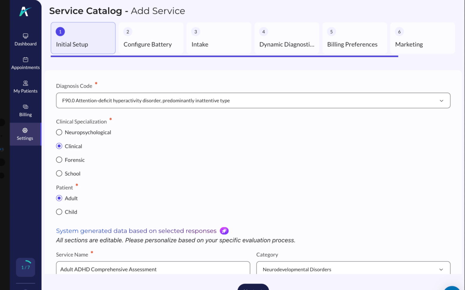 Setting up an assessment service: diagnosis code, clinical specialization, patient population and the generated service definition