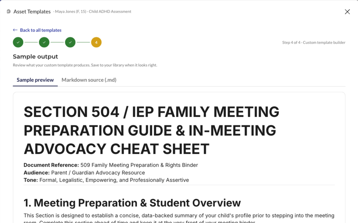 The generated document previewed before saving: a Section 504 and IEP family meeting preparation guide and in-meeting advocacy sheet