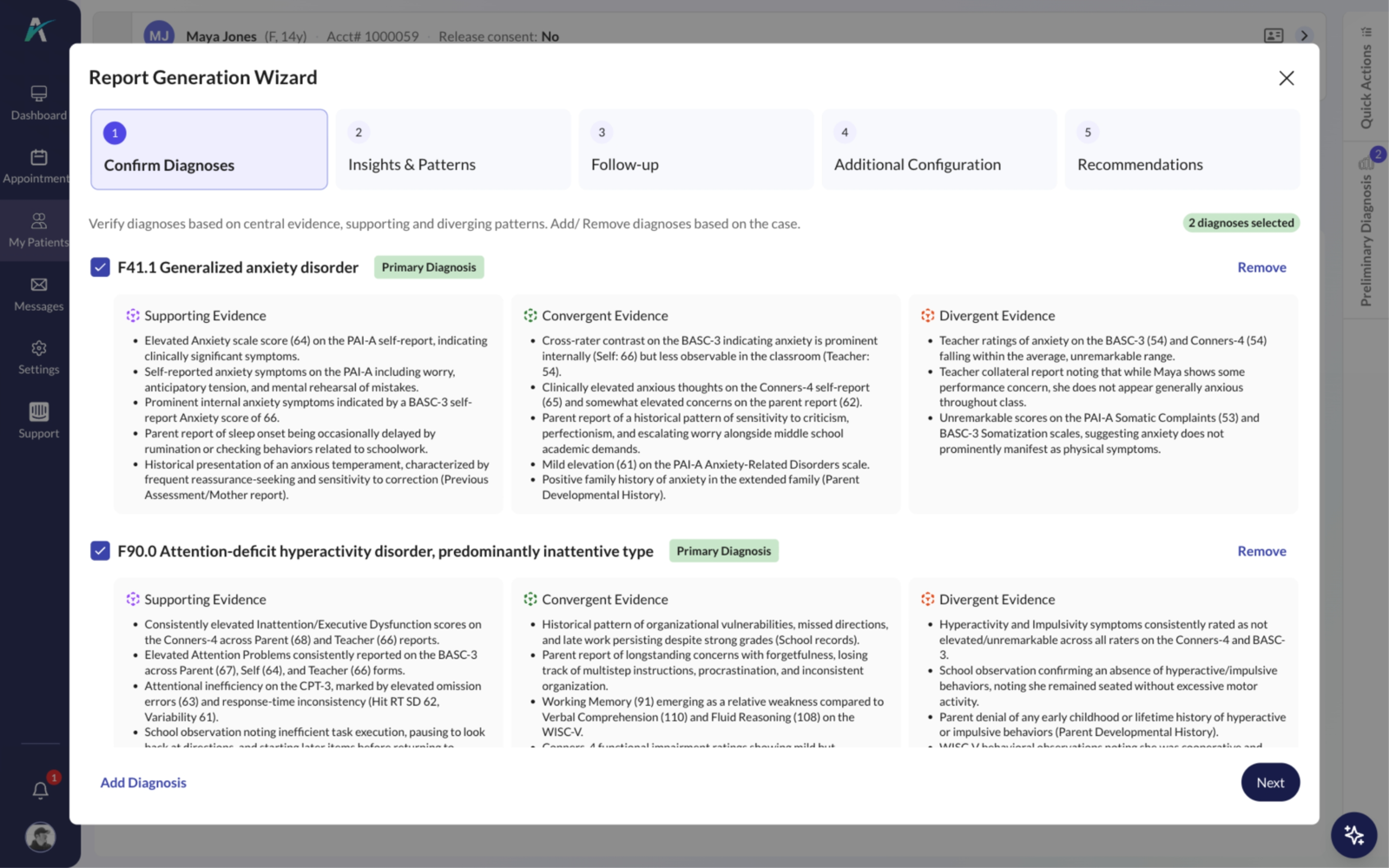 Confirming diagnoses in the report wizard, each tested against the case with supporting, convergent and divergent evidence, every bullet cited to its source