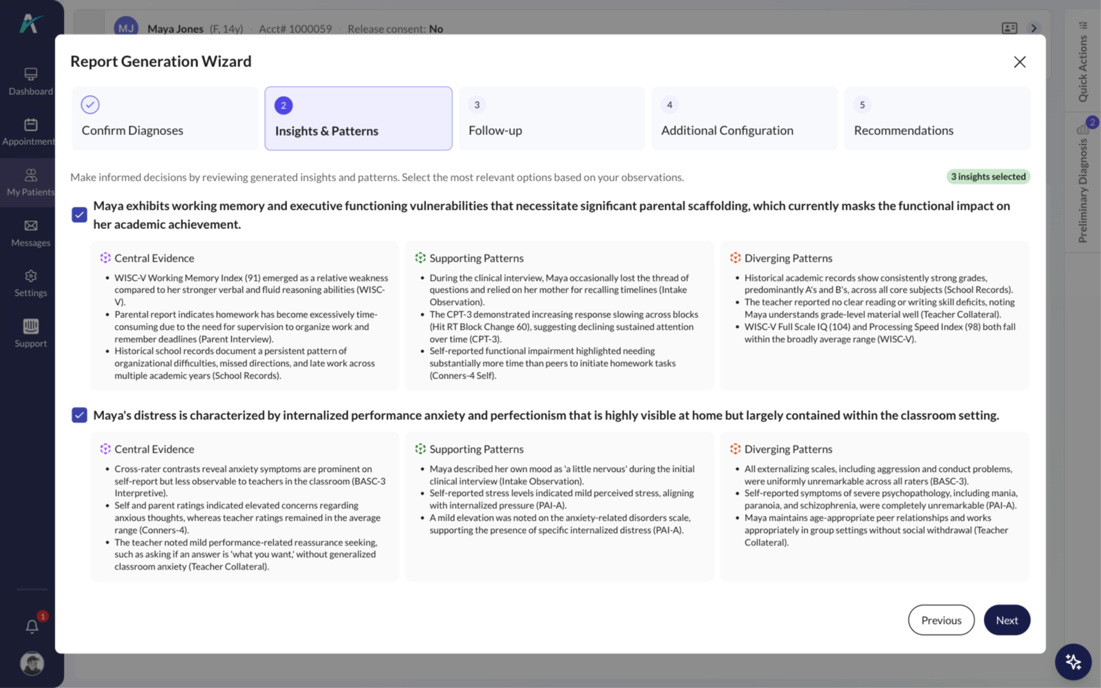 Cross-measure insights with central evidence, supporting patterns and diverging patterns shown side by side and cited