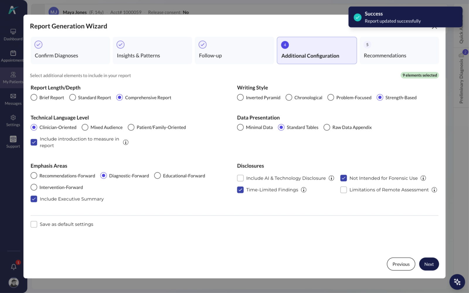 Report configuration: length, writing style, technical language level, data presentation, emphasis areas and disclosures including the AI and technology disclosure