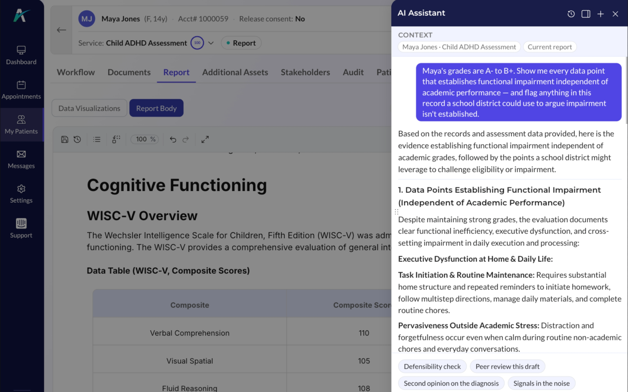 Asking whether functional impairment is established independently of academic performance, with the assessment report alongside