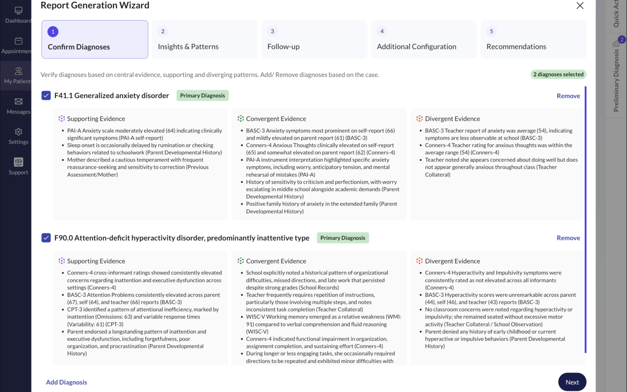 A diagnosis tested against supporting, convergent and divergent evidence drawn from the patient's own data