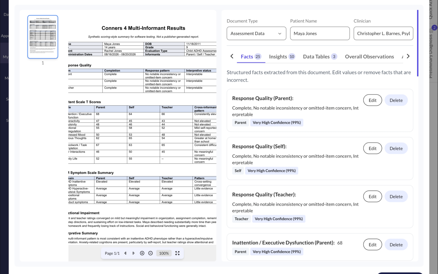 Extracted assessment data with confidence scores, awaiting clinician approval before entering the report