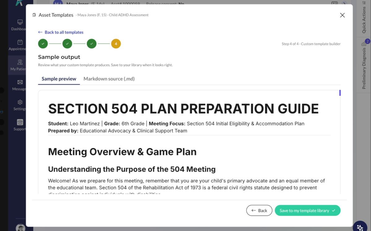 A Section 504 plan preparation guide generated from the finished evaluation