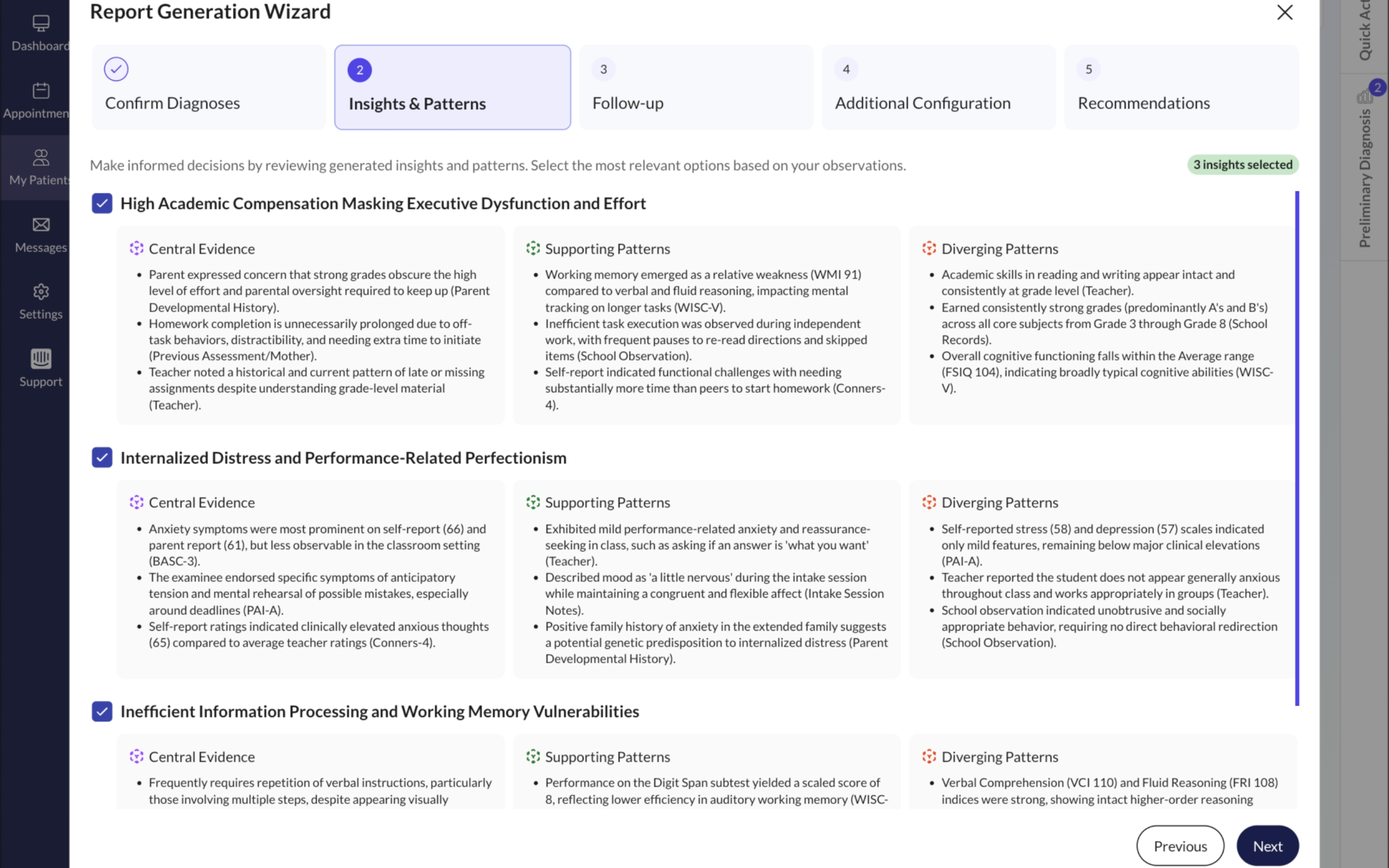 Cross-measure clinical patterns with central, supporting and diverging evidence