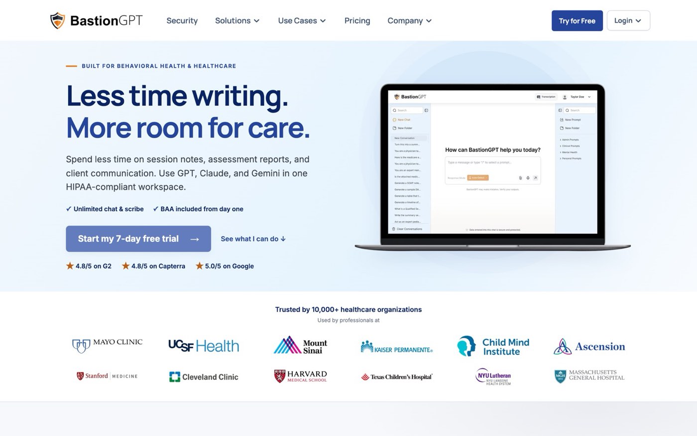 The BastionGPT home page, a HIPAA-compliant AI assistant for clinical work