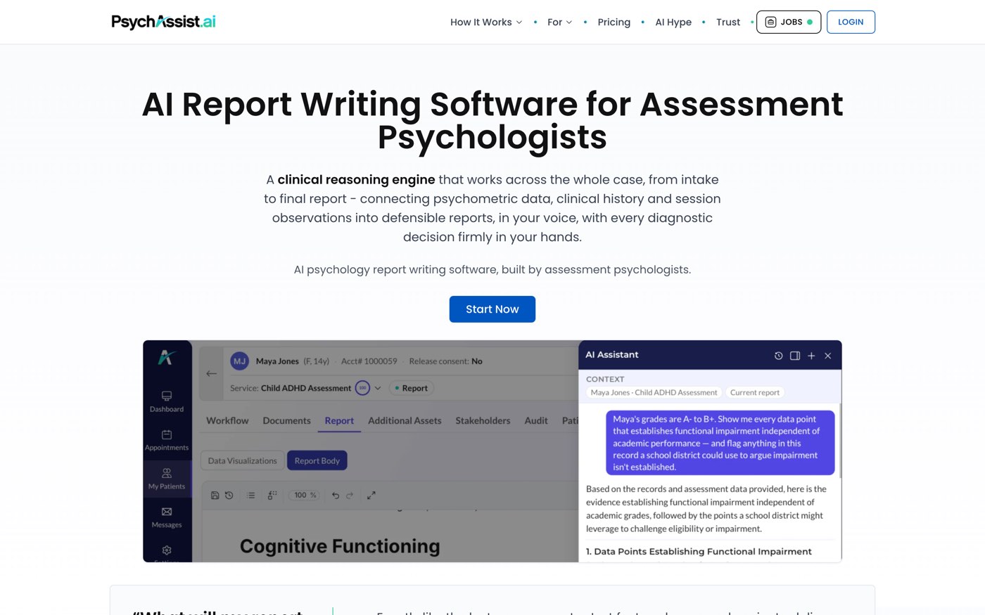 The PsychAssist.ai home page, showing the end-to-end assessment platform