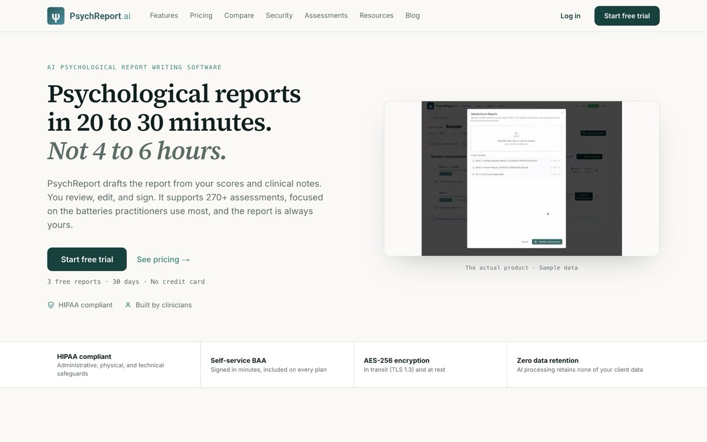 The PsychReport.ai home page, offering psychological reports in 20 to 30 minutes