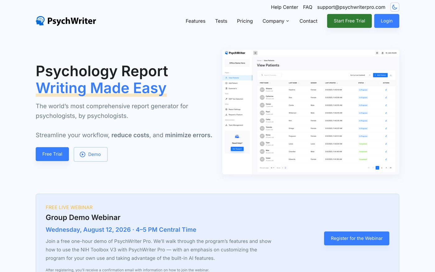 The PsychWriterPro home page, headlined Psychology Report Writing Made Easy