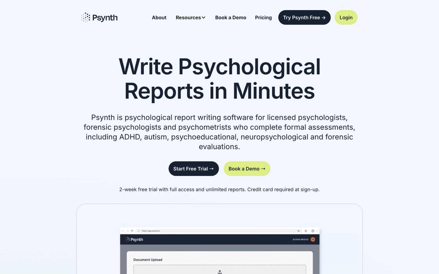 The Psynth home page, headlined Write Psychological Reports in Minutes