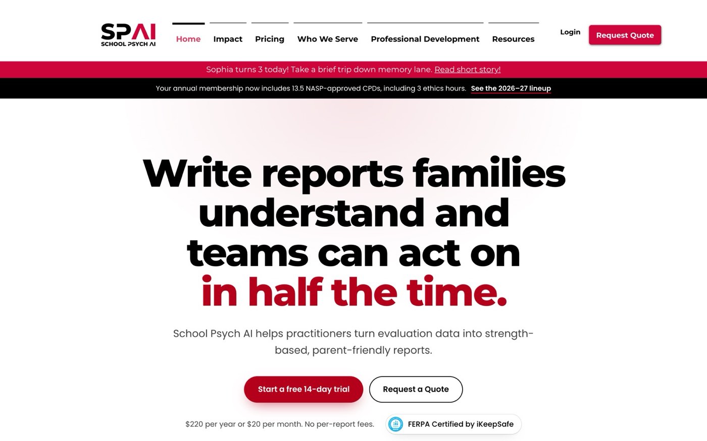 The School Psych AI home page, an AI platform for school psychologists and IEP teams